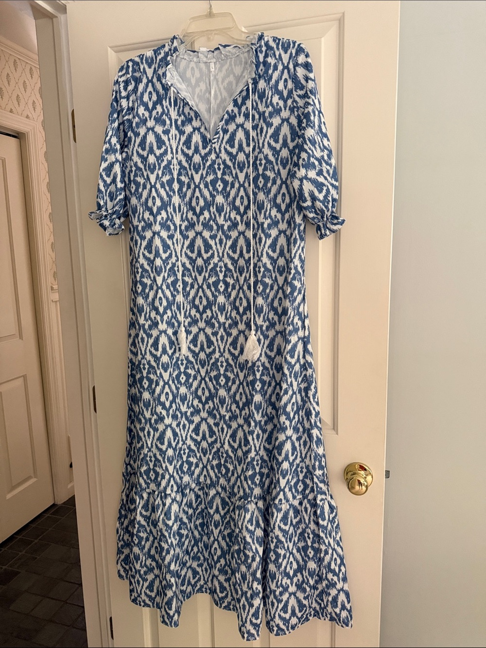 Blue Ikat Maxi Dress with Tassel Tie - NEVER WORN